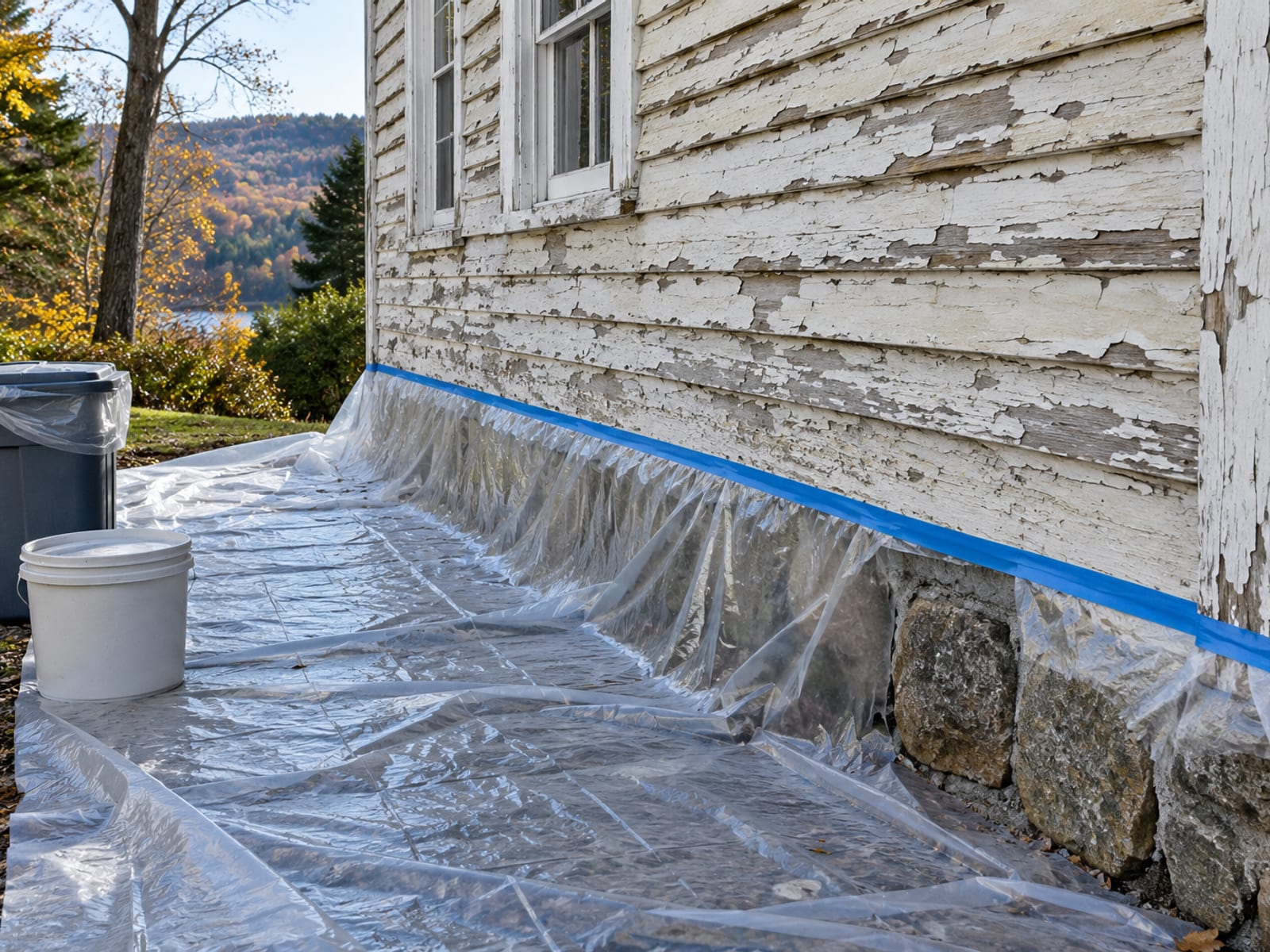 Heavy plastic sheeting laid along a foundation under an old wall of chipped, multi-layer painted clapboard