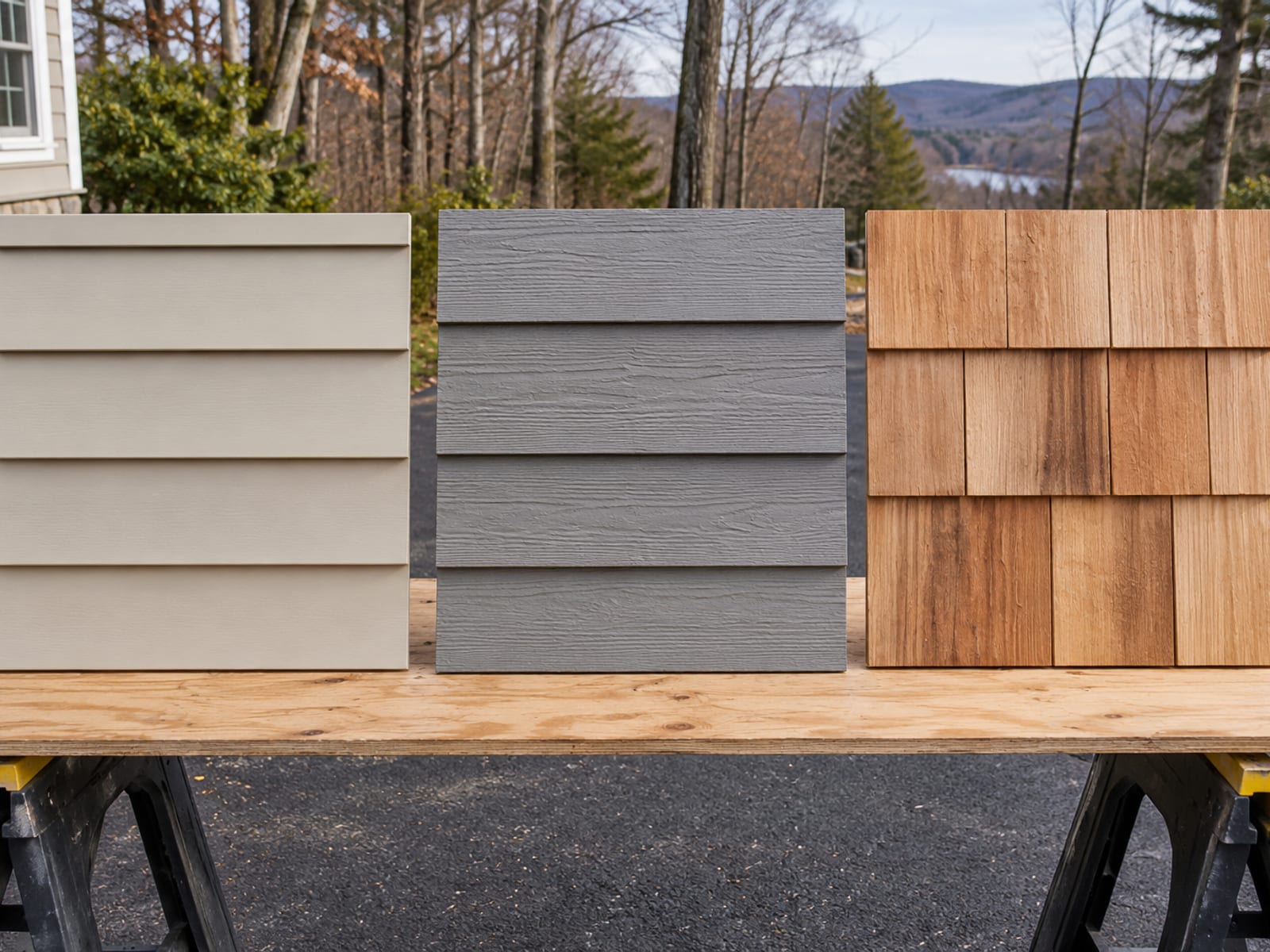 Three siding sample panels in vinyl, fiber cement and cedar shake leaning side by side against a sawhorse beside a driveway