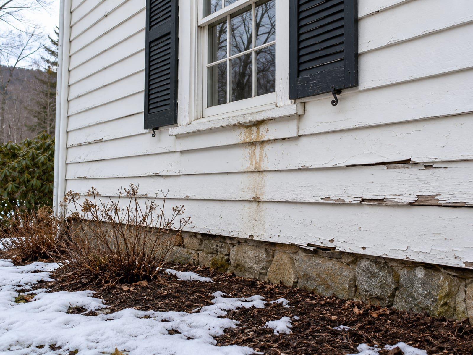 Weathered white clapboard on an older Cape with split boards and a water stain below a window, patchy snow at the base