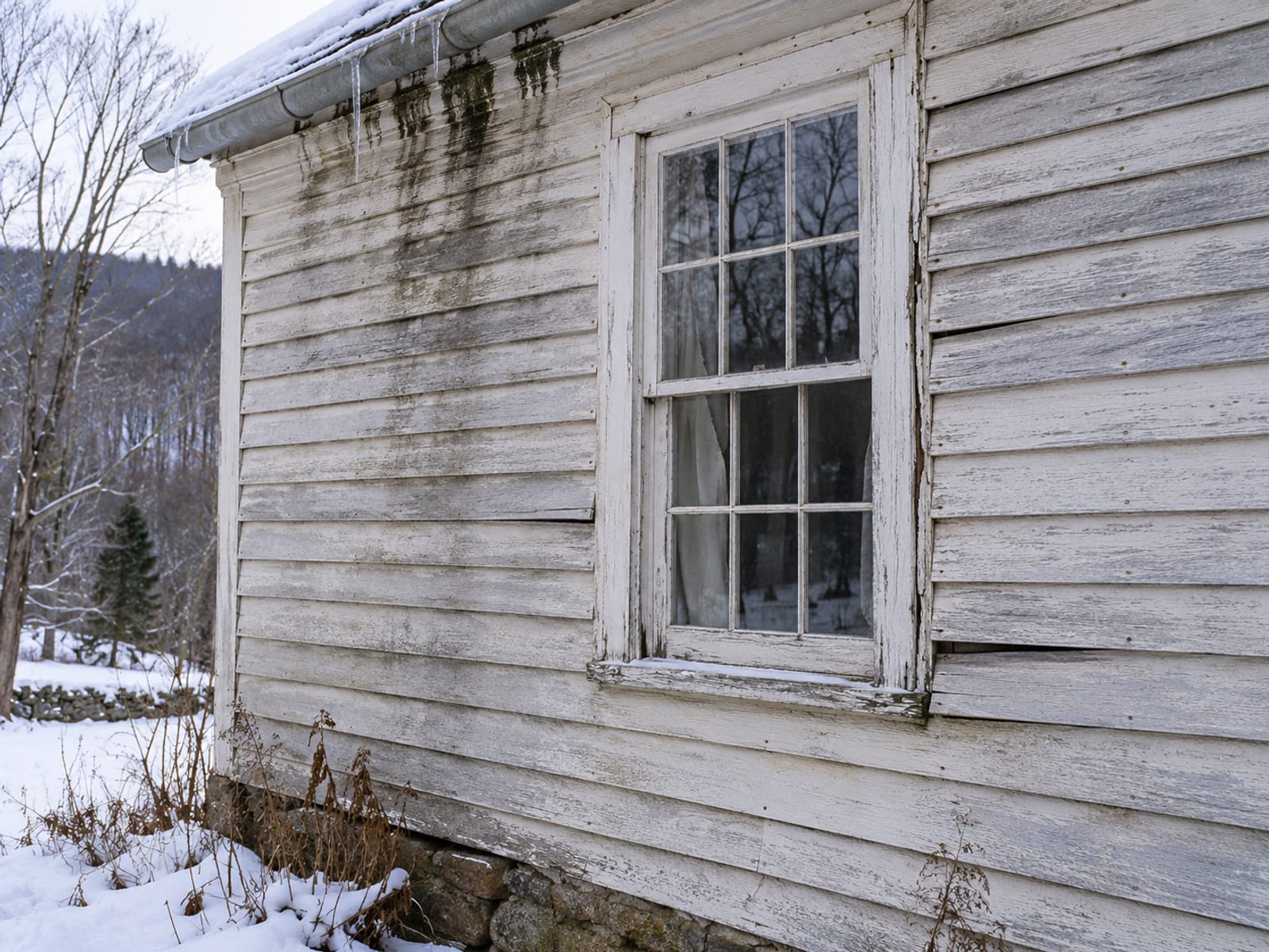 Old farmhouse clapboard wall with loose boards, failed caulk at window trim and icicles under the gutter