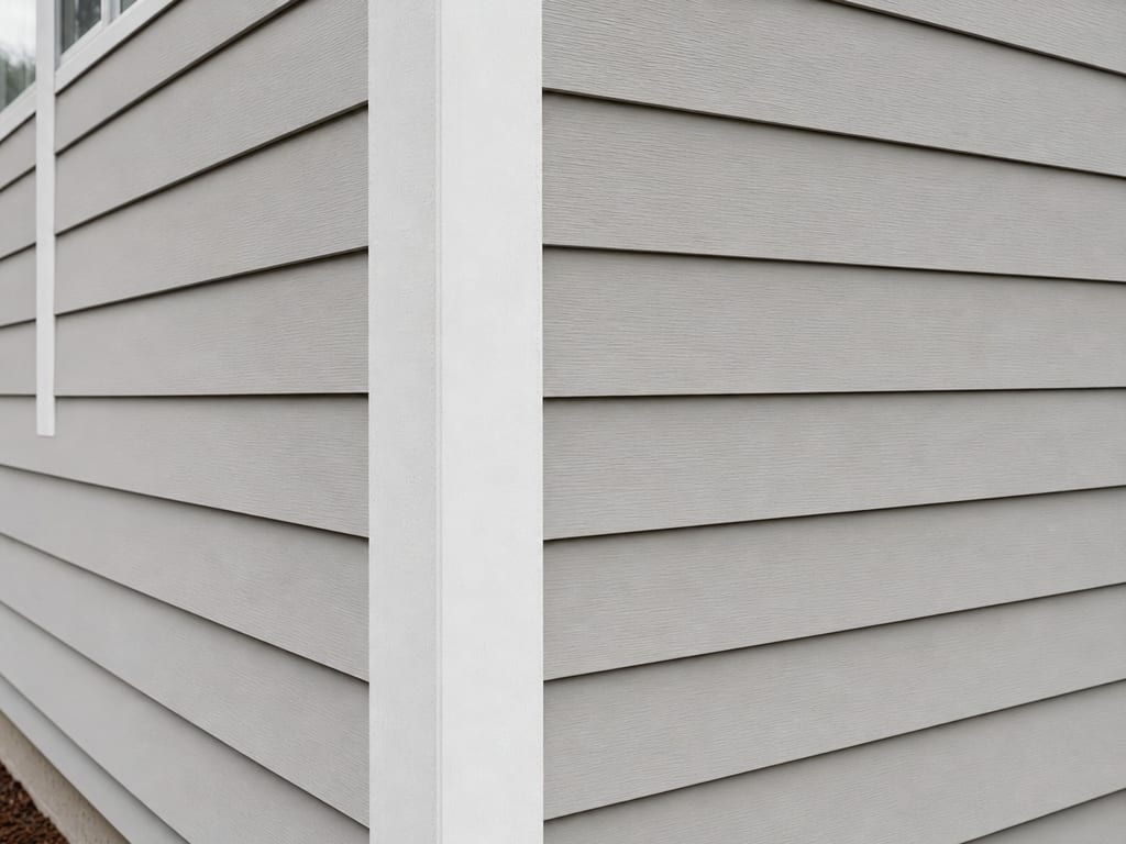 Finished gray lap siding meeting white corner trim on a home exterior