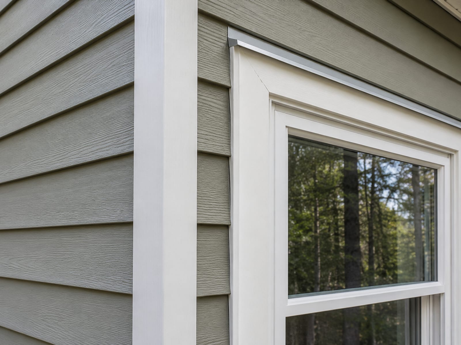 Close view of finished vinyl siding at a window corner with a straight corner post, J-channel trim, a drip cap and a clean caulk line
