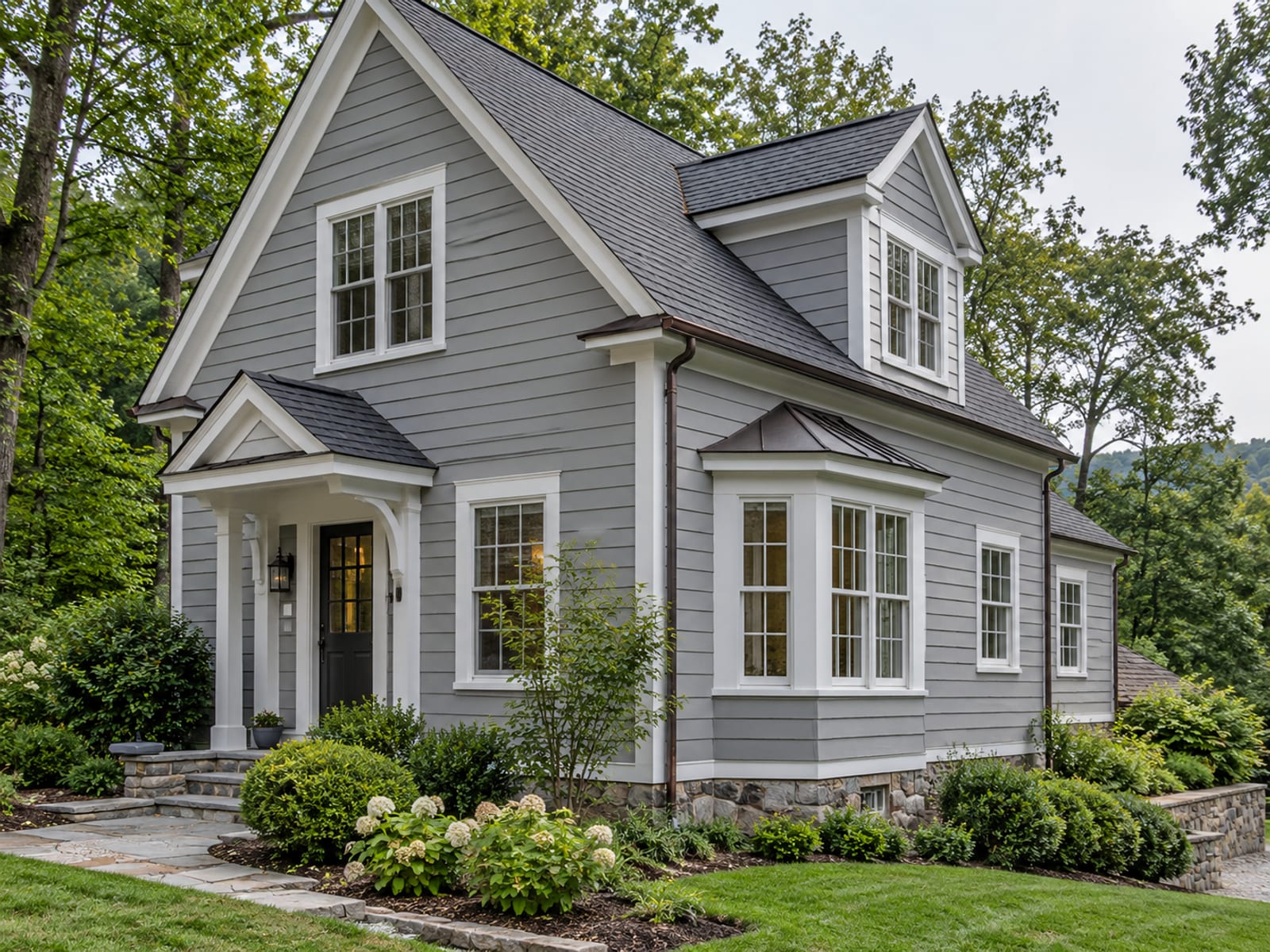 Two-story gray house seen from the corner showing a front gable, a dormer and a bay window all covered in fiber-cement clapboard siding