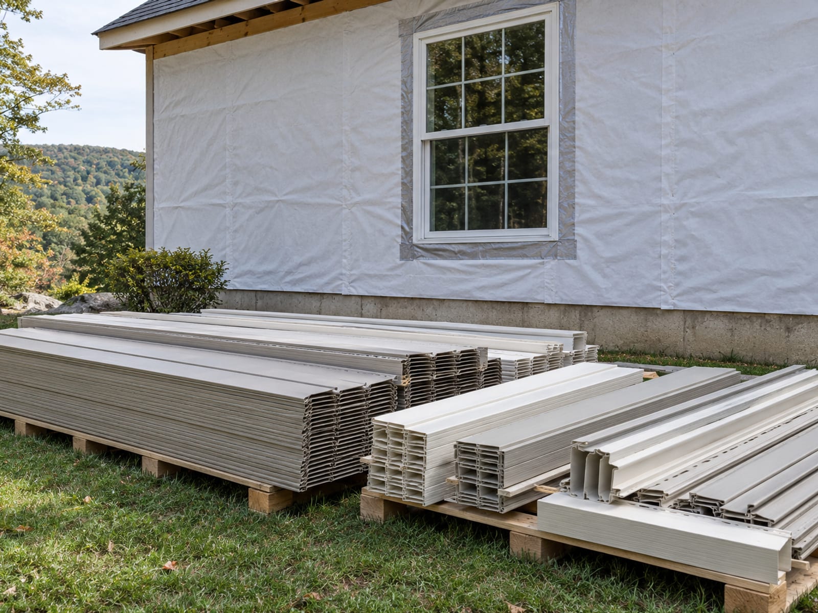 House wall stripped to plain house wrap with a flashed window, with bundles of siding panels, corner posts and trim stacked neatly on the lawn