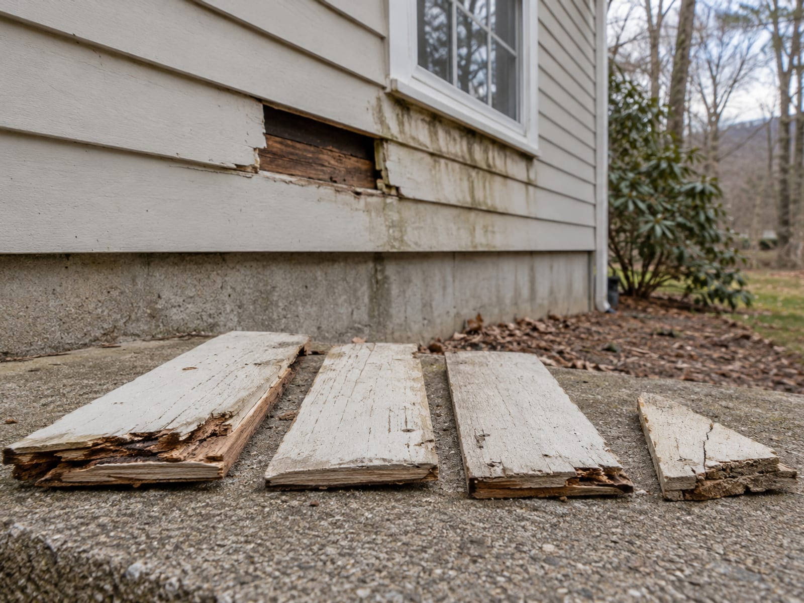 Broken clapboard pieces and a cracked vinyl fragment laid on a driveway edge below a damaged wall seen from a low angle