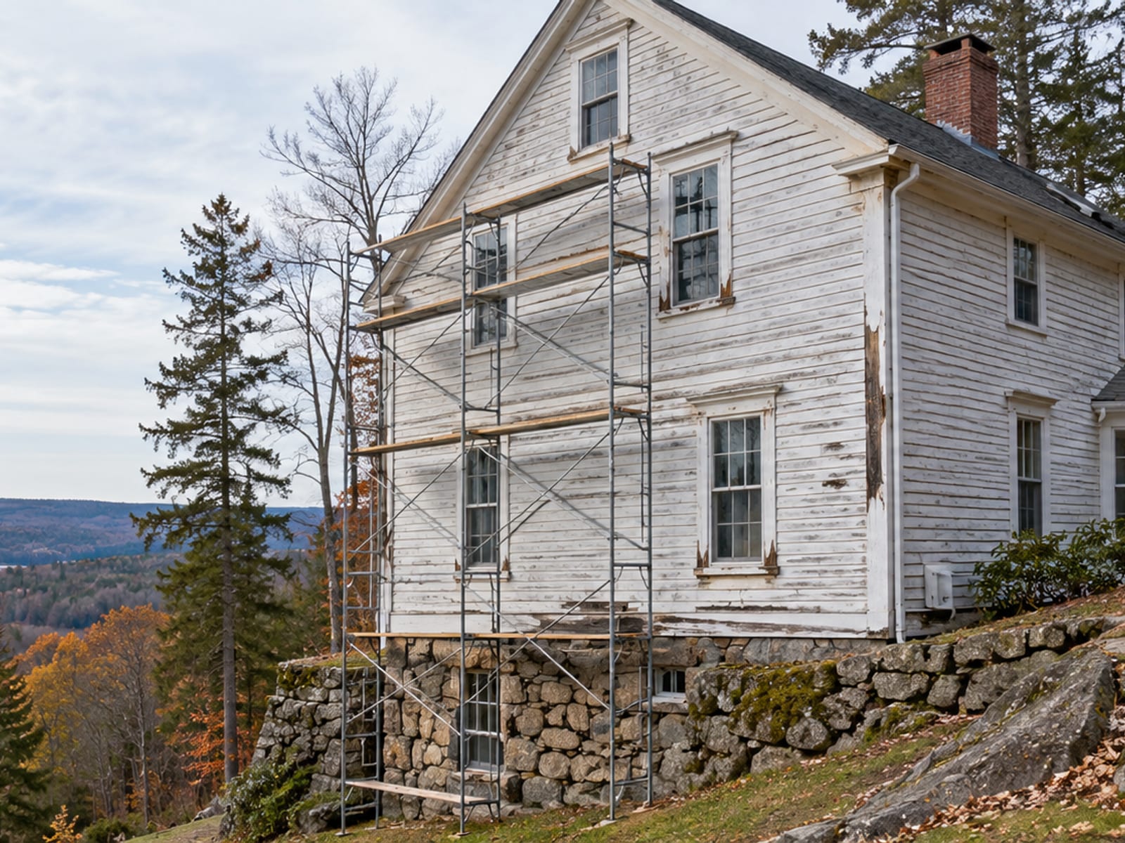 Empty scaffold against a tall weathered clapboard gable wall on a sloping lot with a steep hill beside the house