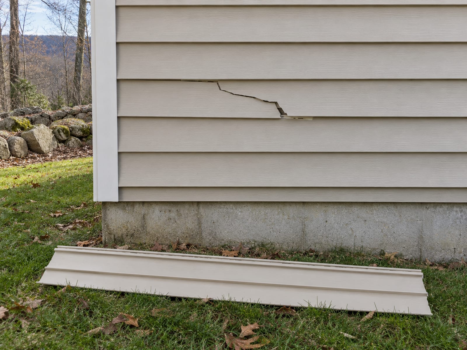 Single cracked vinyl siding panel on an otherwise sound wall with a matching spare panel lying on the grass below