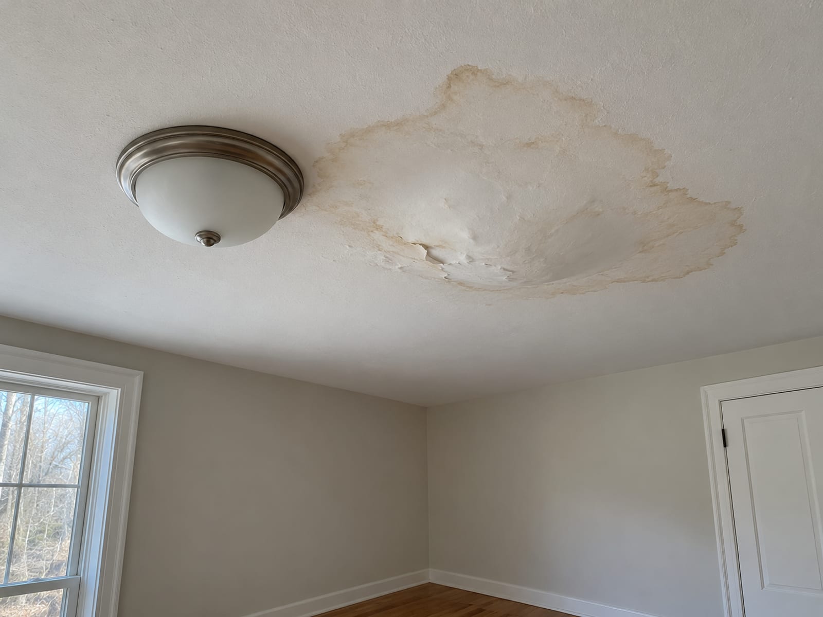 Bedroom ceiling with a brown water stain and a rounded bulge in the drywall near a flush light fixture
