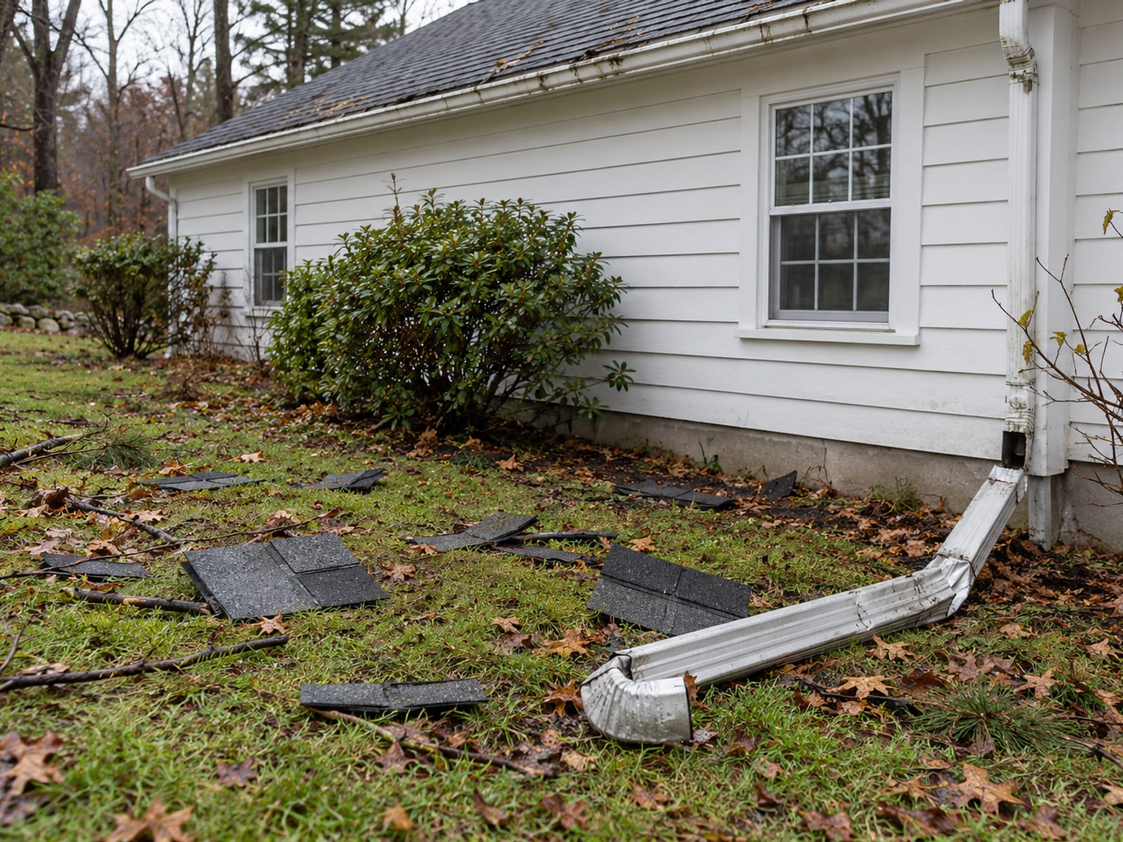 Torn asphalt shingle pieces, a bent downspout section and small twigs lying on a wet lawn beside the foundation of a clapboard house