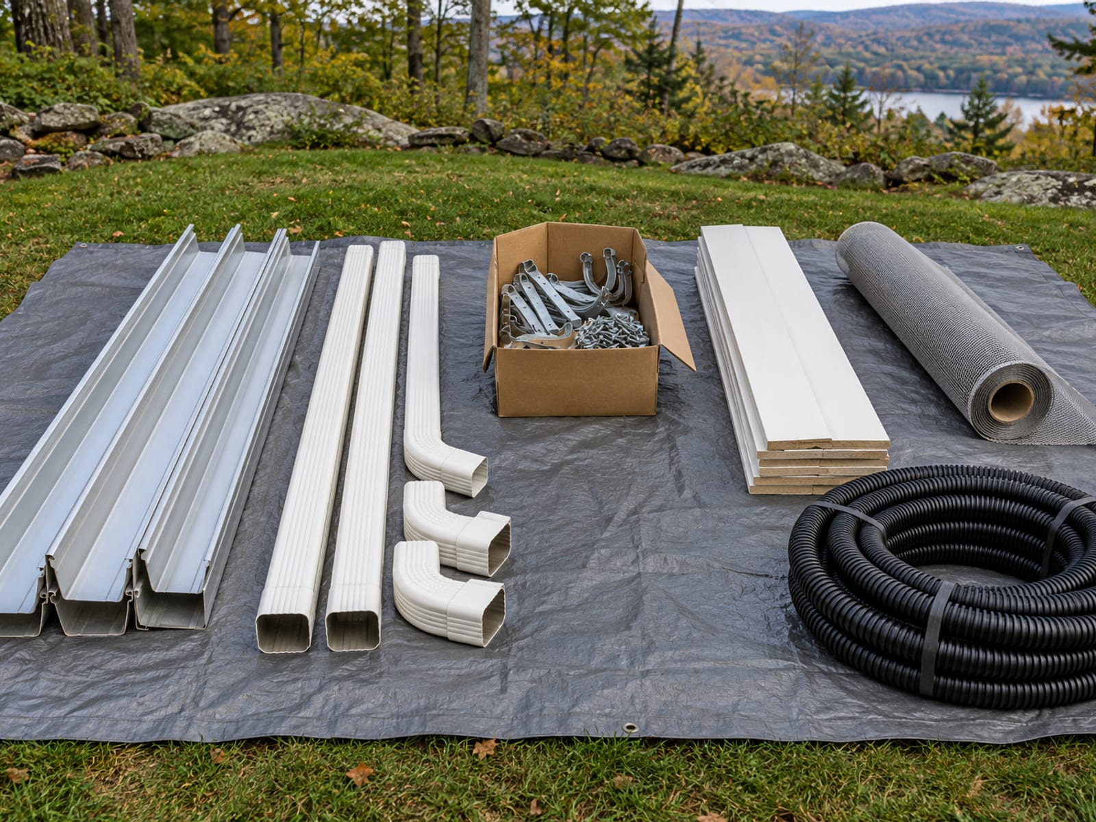 Separate piles on a lawn of gutter sections, downspouts, hangers, fascia boards, gutter guards and drain pipe arranged in distinct groups