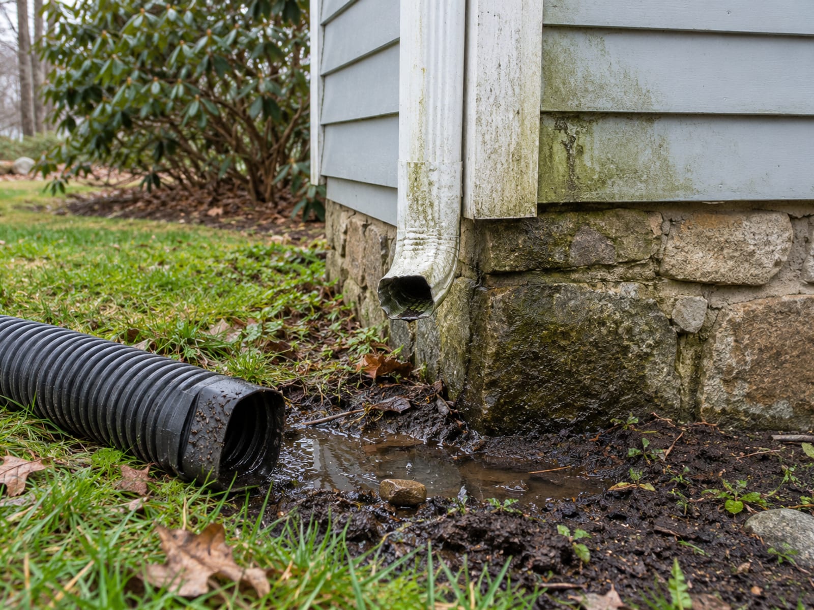 Downspout ending at the foundation with a detached extension on the ground, damp soil and a stained patch on the siding above