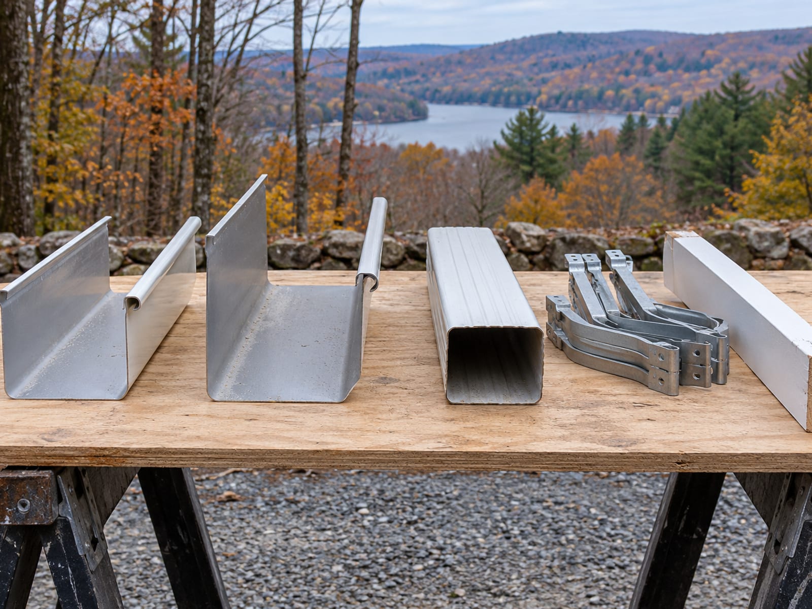 Two cut gutter end profiles in different sizes standing side by side on sawhorse boards next to a downspout piece and a fascia offcut