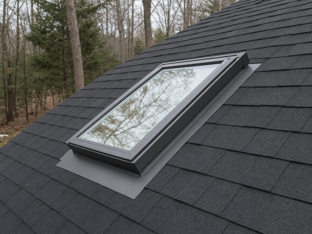 A skylight on an asphalt shingle roof with metal flashing integrated into the shingles