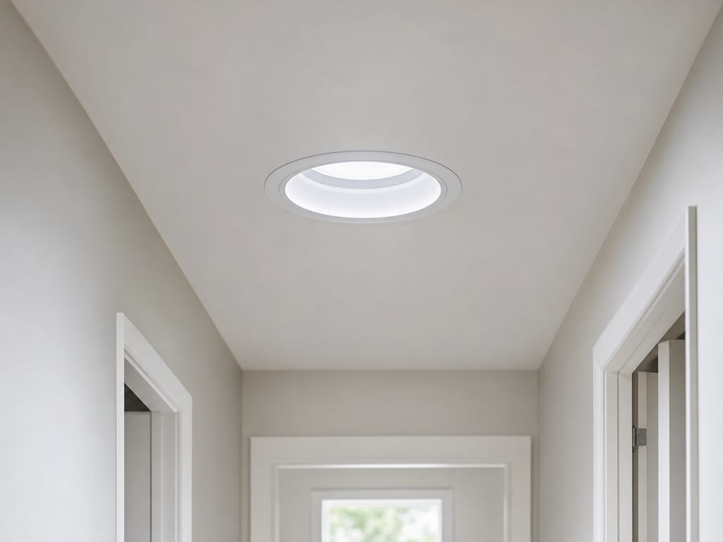 A round sun tunnel diffuser bringing daylight into a hallway ceiling