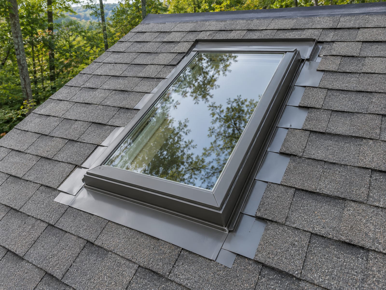 Close view of a skylight set in a shingle roof with layered step flashing along its sides and shingles lapped neatly around it
