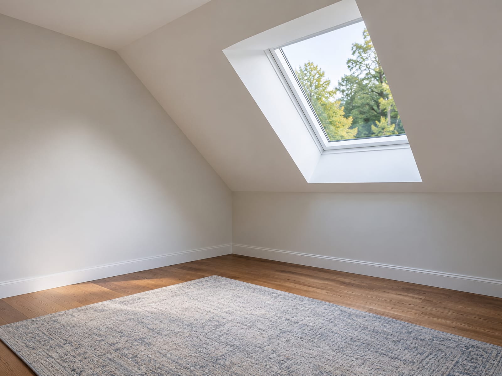 Sloped bedroom ceiling with a painted white light shaft leading up to a skylight that brings daylight into the room