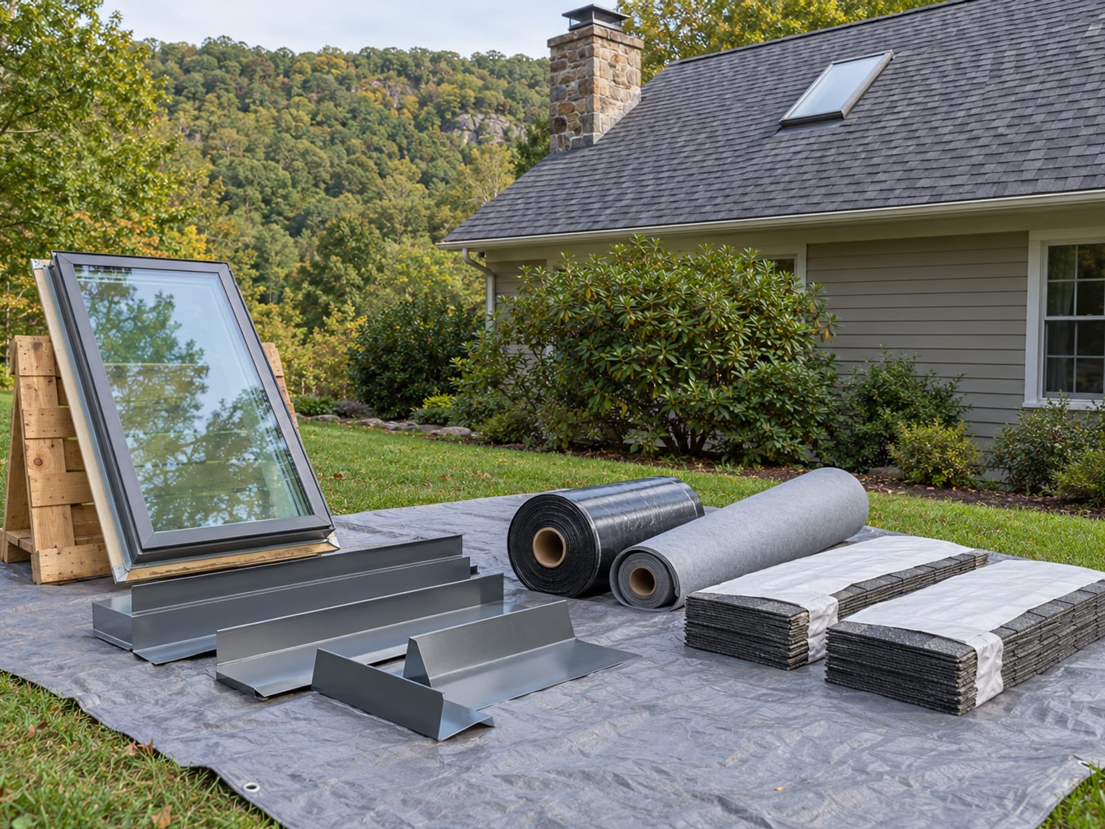 Unmarked skylight unit, flashing kit pieces, underlayment roll and shingle bundles laid out on a tarp beside a house