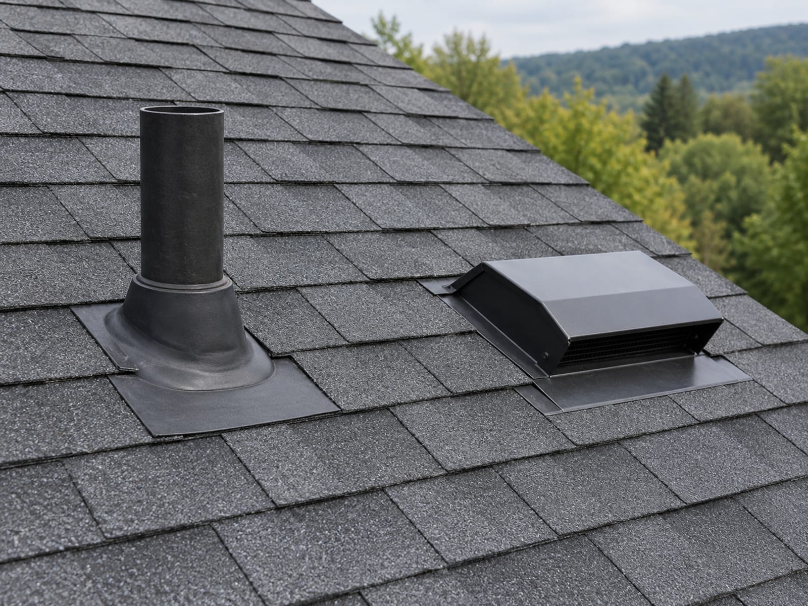 Close-up of a new roof vent and black pipe boot flashing surrounded by crisp new charcoal shingles