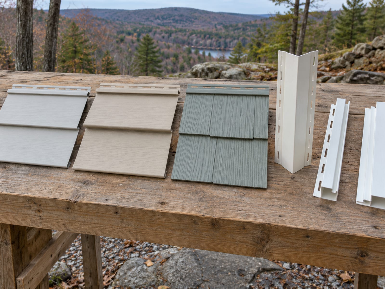 Recortes de perfiles de siding de vinilo en tres colores y piezas de moldura blanca colocados sobre un banco sencillo de madera al aire libre