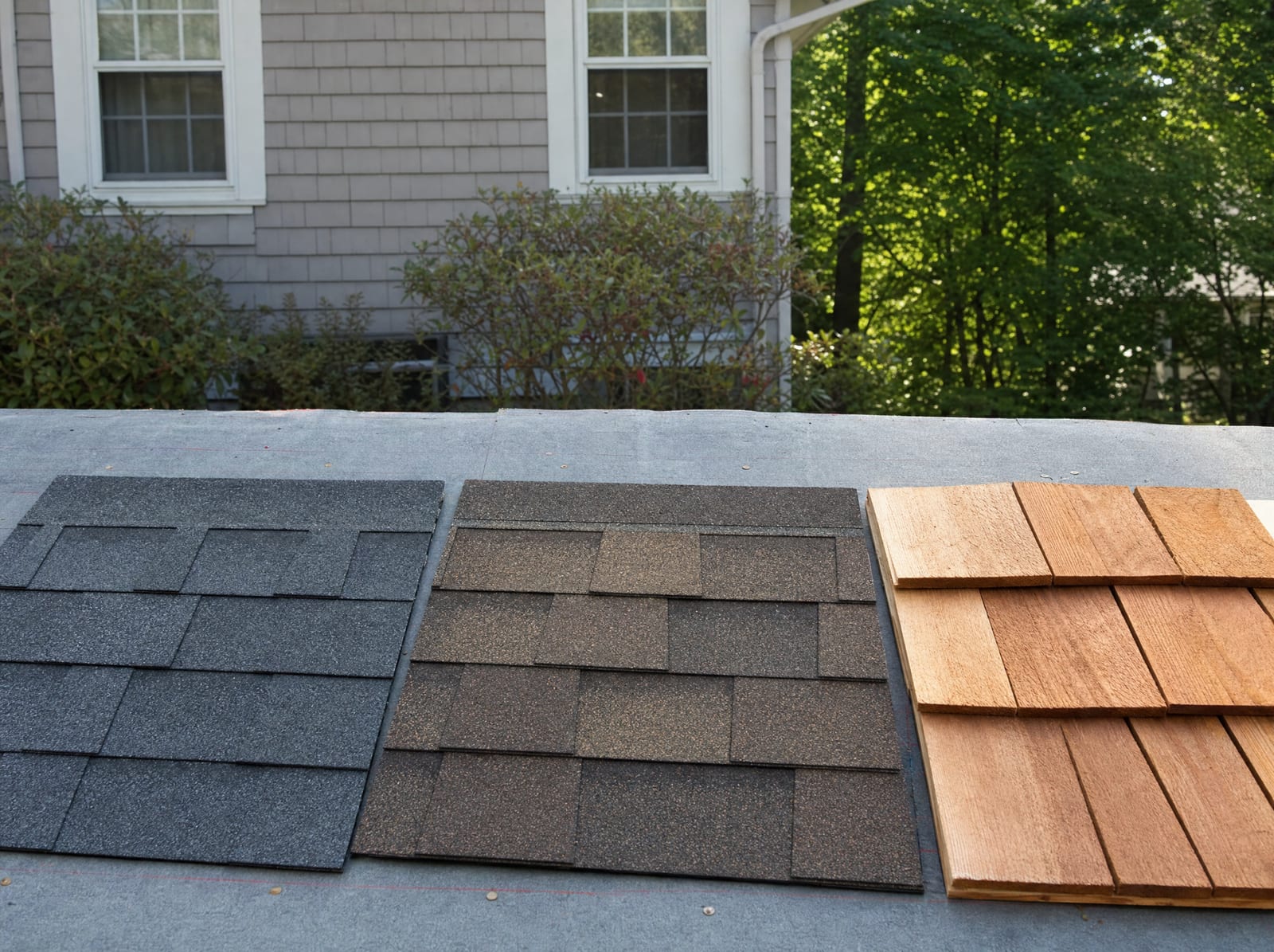 Standard, architectural, and cedar shake roofing material samples staged side by side