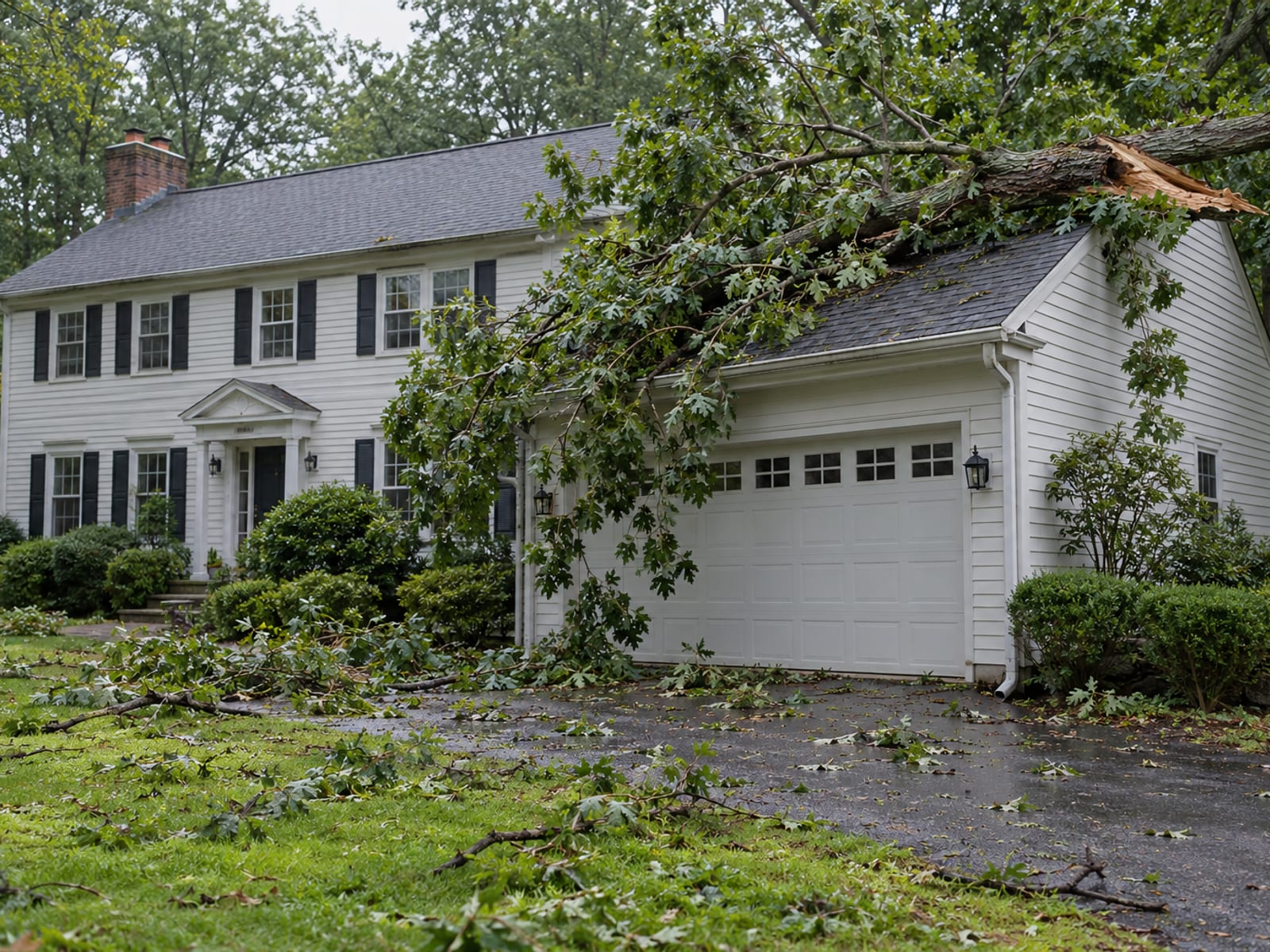 Large oak limb fallen across the corner of an attached garage roof with broken twigs and leaves on the lawn
