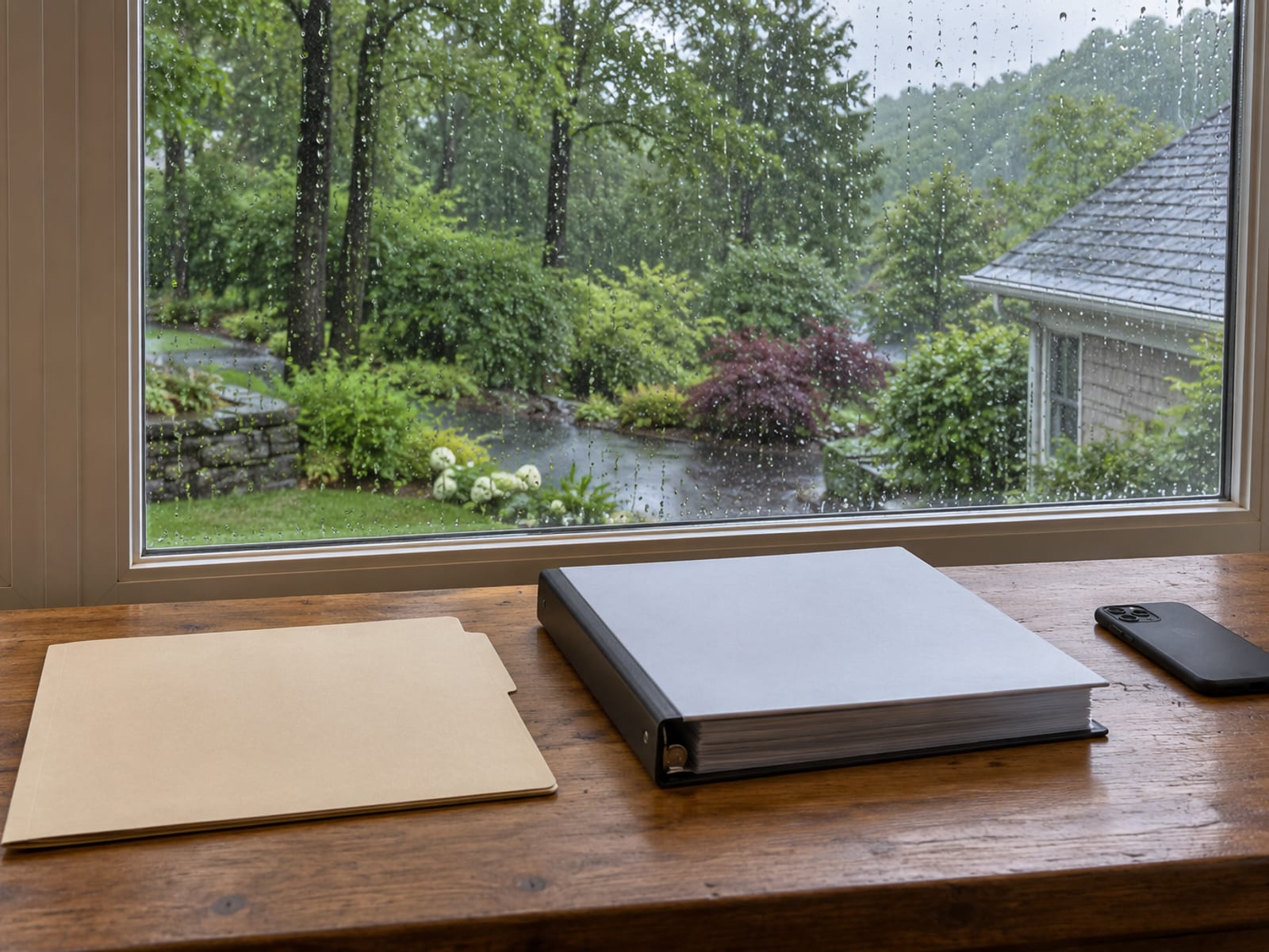 Wooden table by a rainy window with a closed manila folder, a closed binder and a face-down smartphone