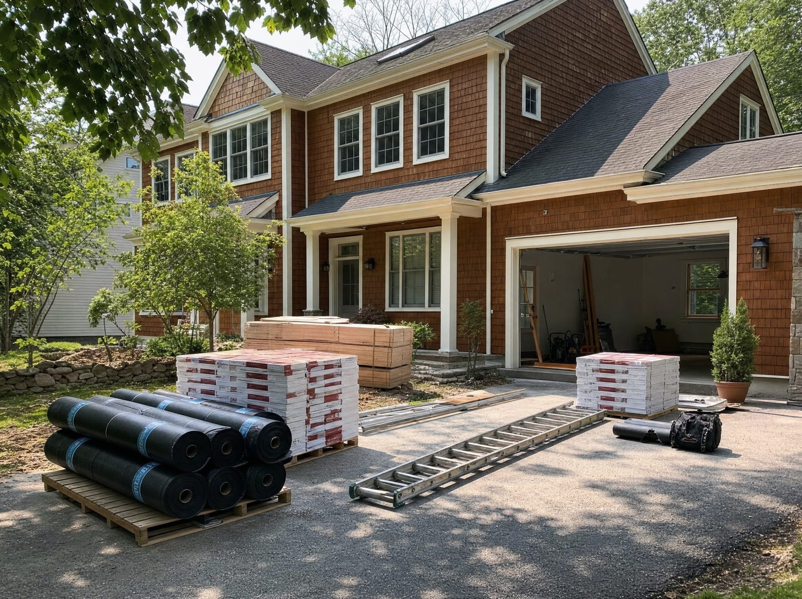 Professional-grade roofing materials organized and staged at a shaker-siding home