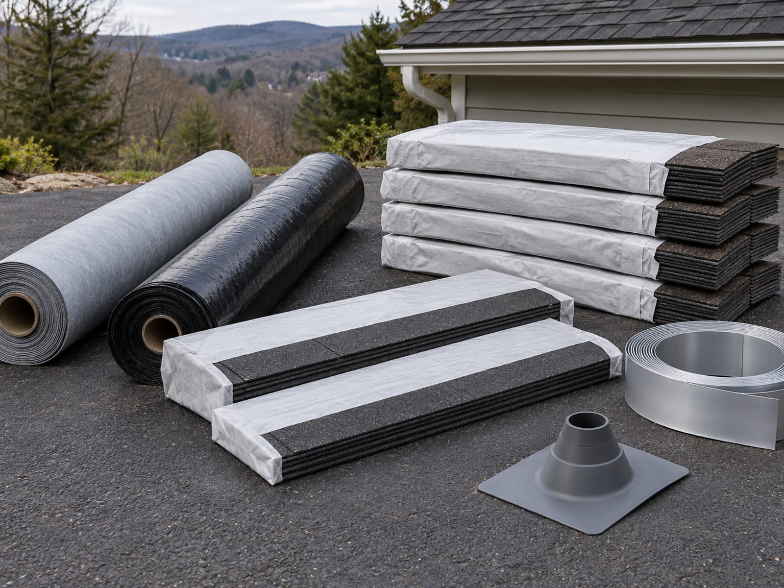 Stacked roofing materials on a driveway including a roll of synthetic underlayment, an ice and water membrane roll, bundled starter strips and ridge cap bundles