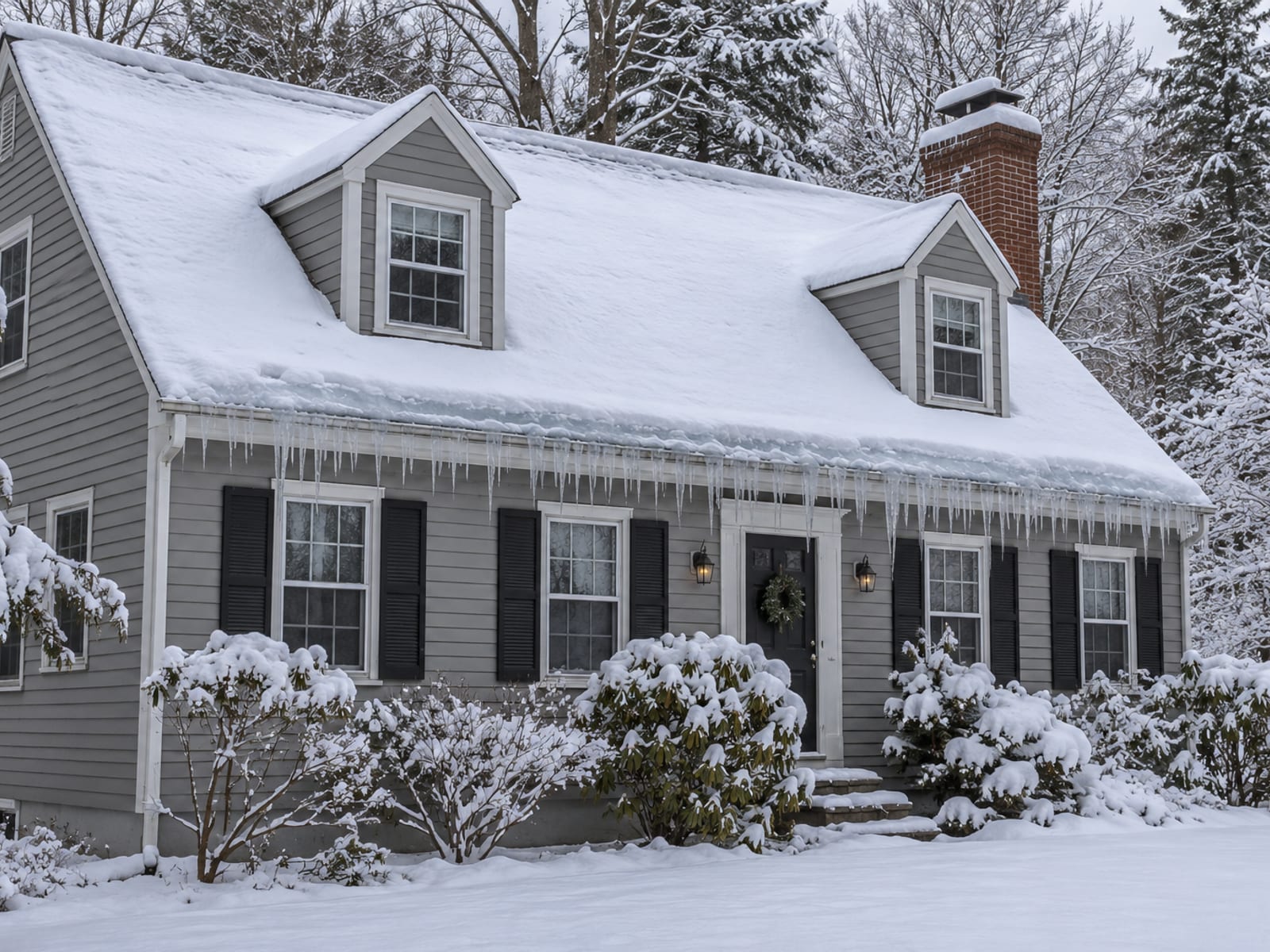 Cape style house roof covered in snow with long icicles hanging from the gutter and wind-swept snow drifts at the ridge