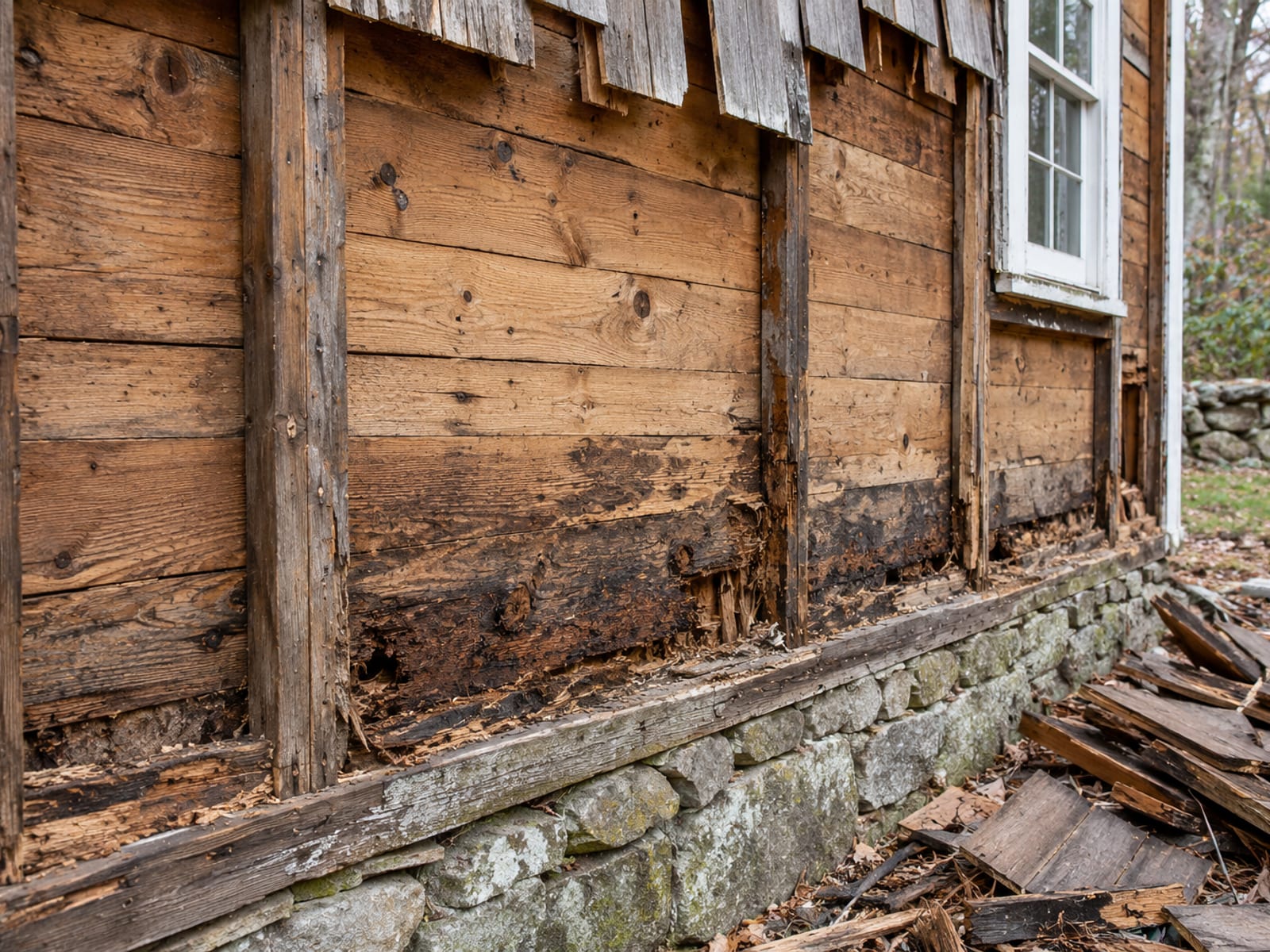 Pared de una casa de campo sin tejas de cedro que muestra tablas viejas de entablado con una sección oscura y podrida cerca del alféizar