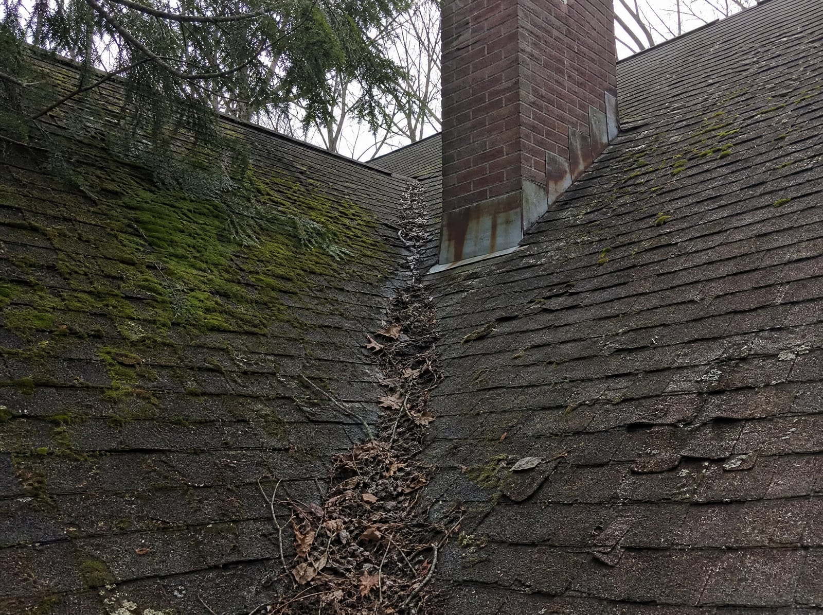 Aging asphalt shingle roof on an older Middlebury home with moss on a shaded slope, granule loss, curling shingles, and rust-streaked chimney flashing