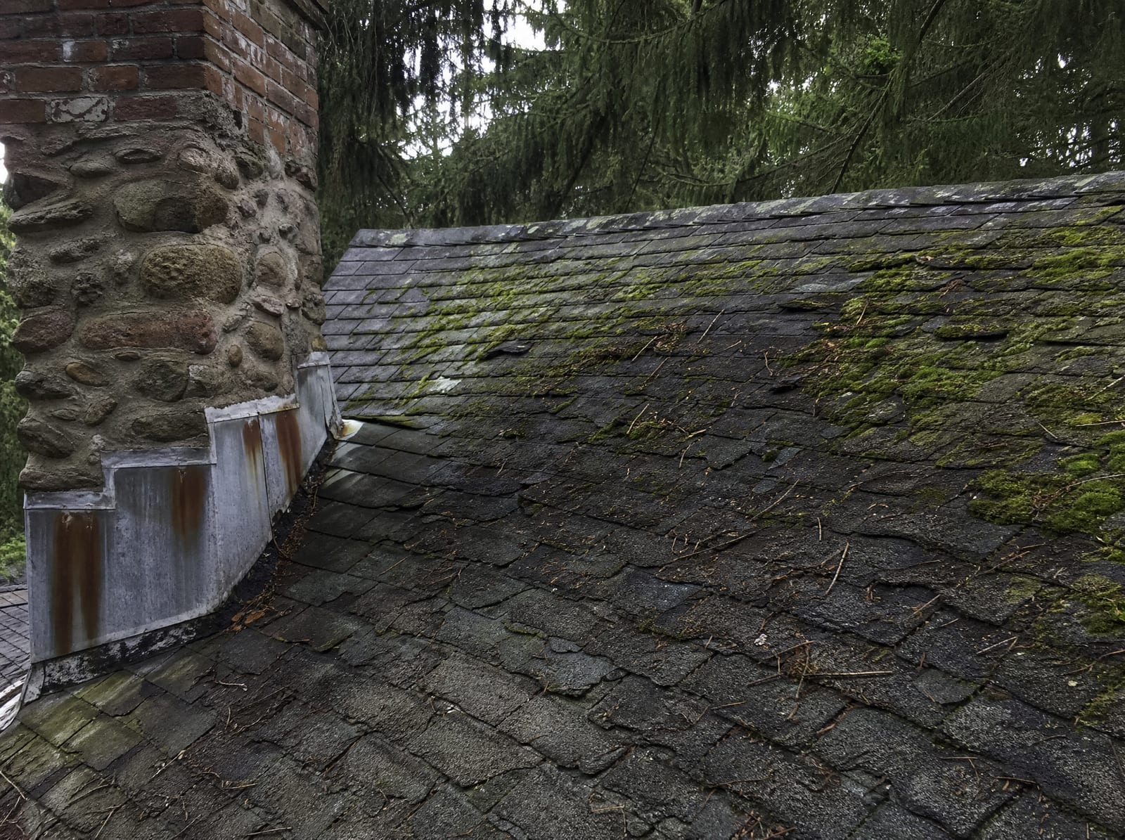 Aging asphalt shingle roof on an older inland farmhouse with granule loss, curling shingles, heavy moss on a shaded slope, and worn flashing