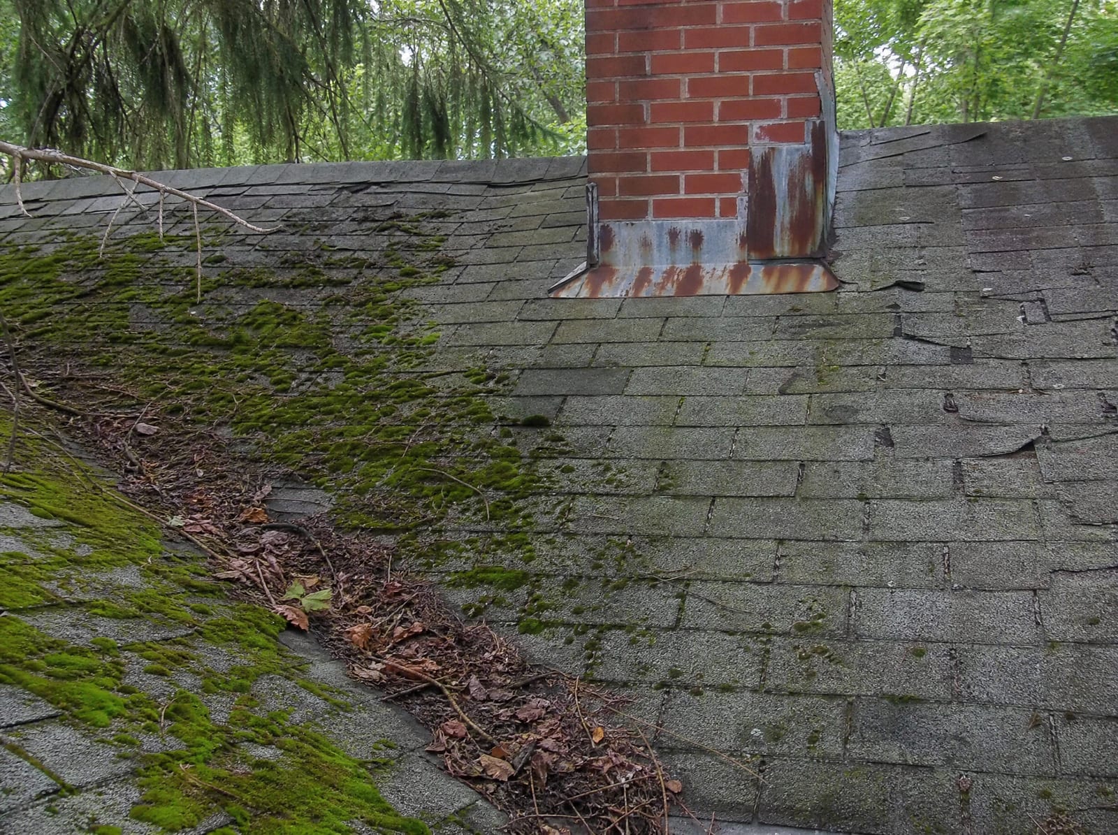 Aging asphalt shingle roof on an older Newtown home with moss on a shaded slope, granule loss, curling shingles, and rust-streaked chimney flashing