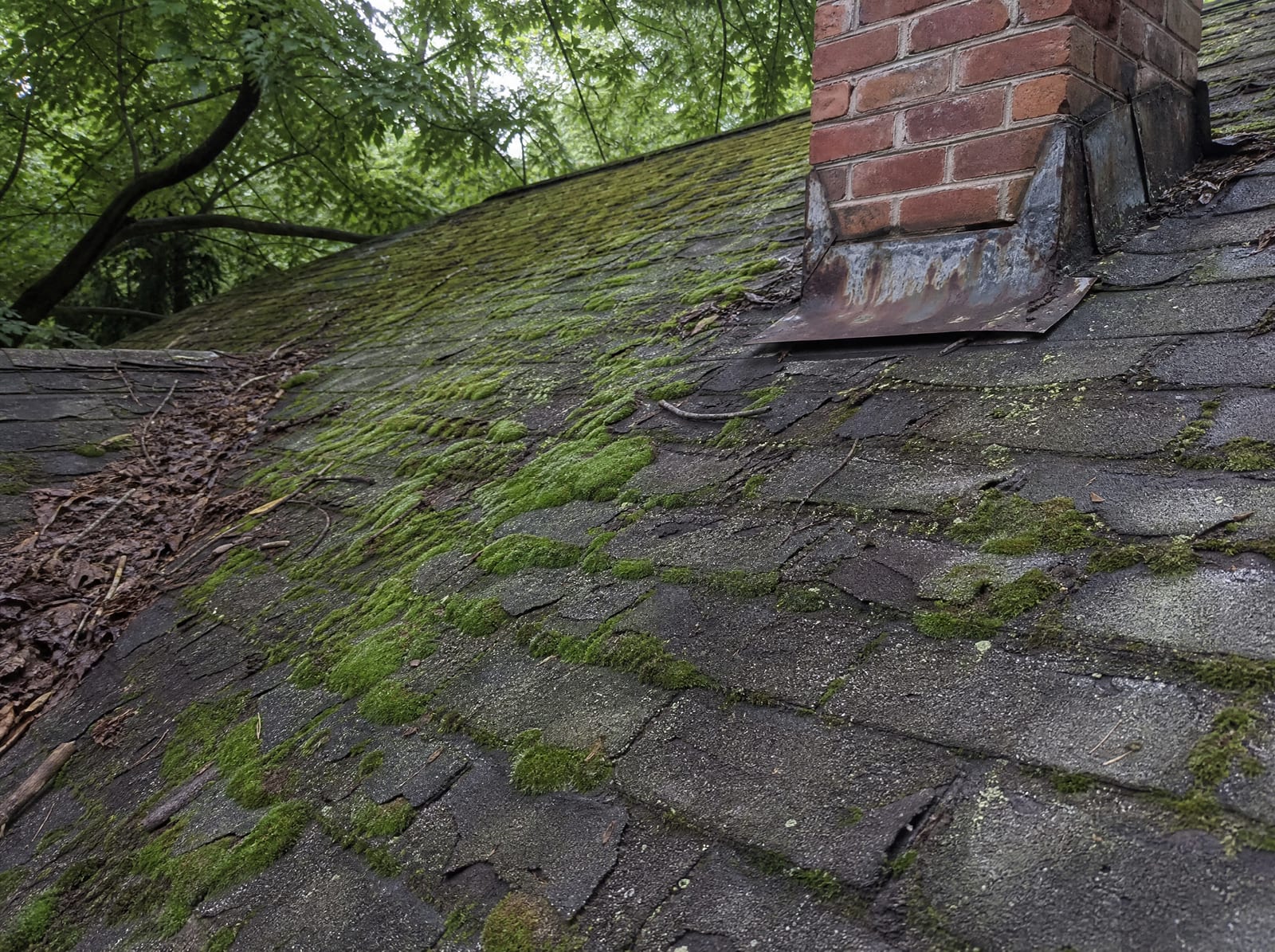 Aging asphalt shingle roof on an older Thomaston home with moss on a shaded north slope, granule loss, curling shingles, and rust-streaked chimney flashing
