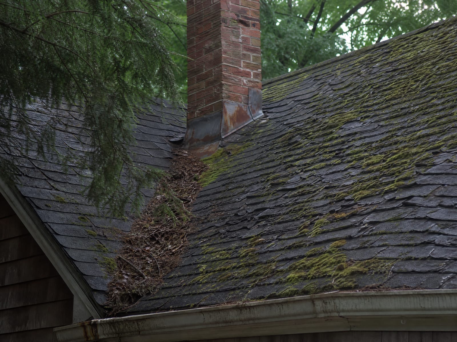 Aging asphalt shingle roof on an older historic Woodbury home with moss on a shaded slope, granule loss, curling shingles, and rust-streaked chimney flashing