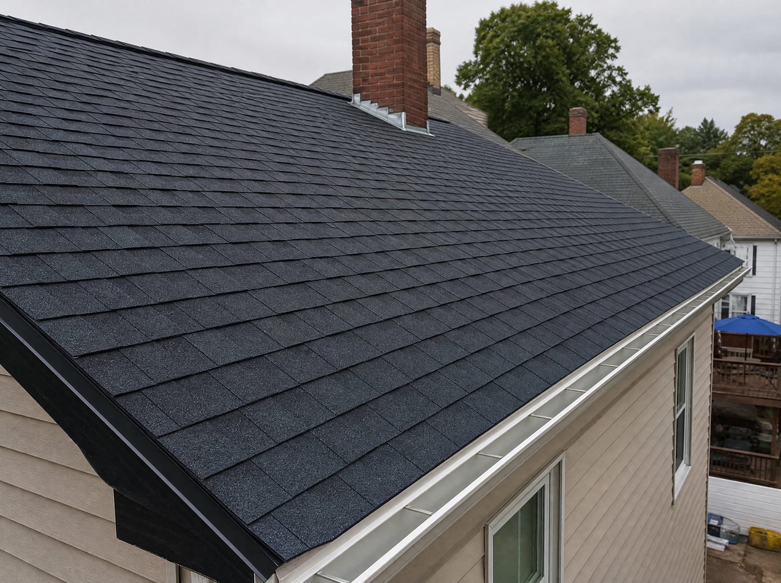 Freshly completed dark architectural asphalt shingle roof on an older Meriden multi-family home with new step flashing and a ridge vent