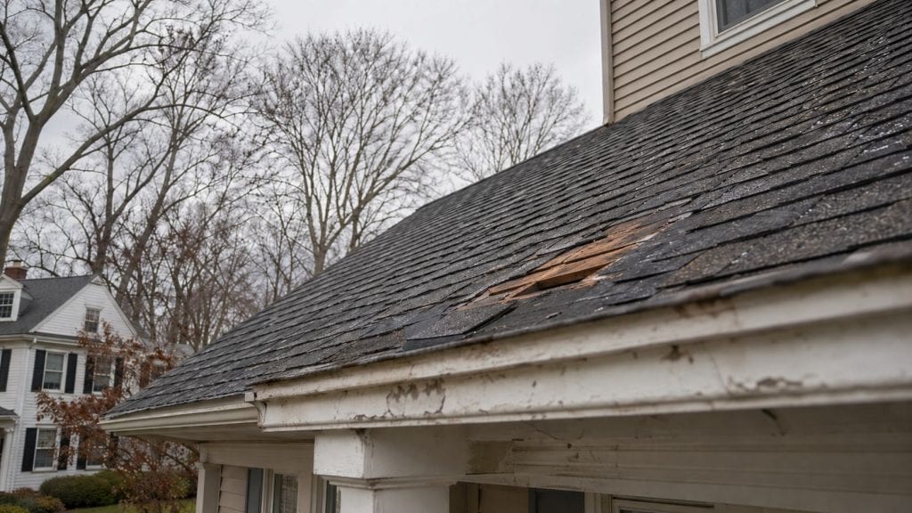 Damaged shingles on a two-story colonial home in Connecticut on an overcast autumn day