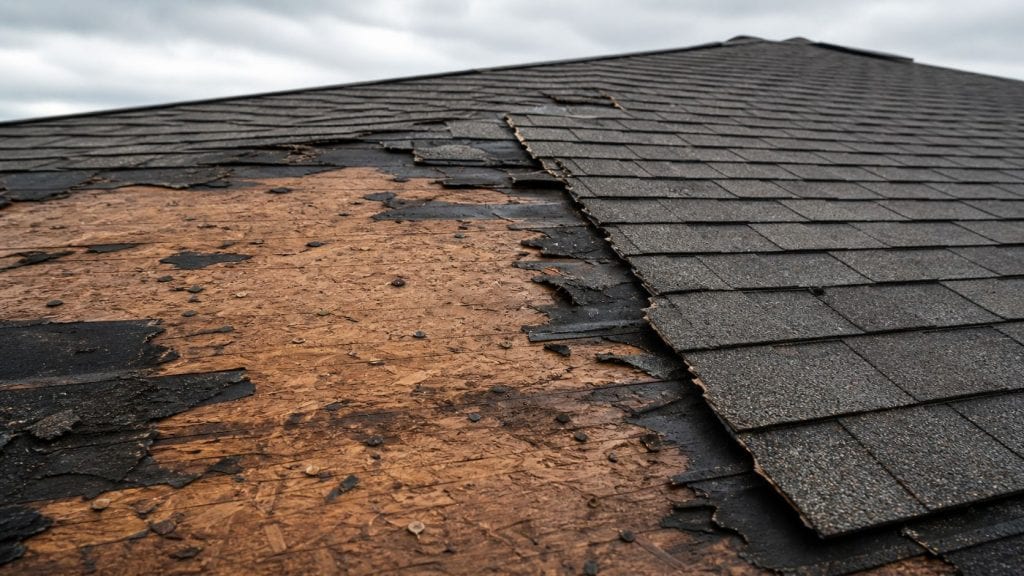 Detailed view of a heavily storm damaged roof area showing exposed roof decking, torn underlayment, and the boundary between severely damaged sections and intact areas, clearly defining the scope of repair needed